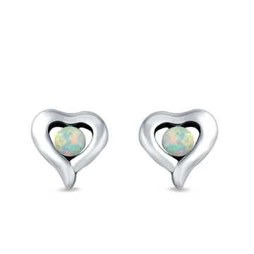 Heart Stud Earrings Round Lab Created White Opal 925 Sterling Silver